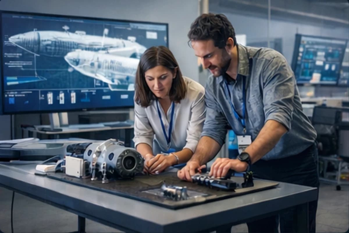 Innovation lab environment with technical prototypes and collaboration.