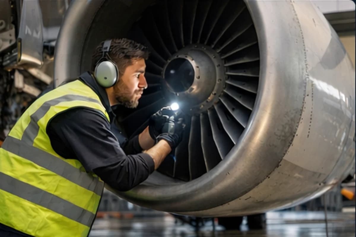 Aircraft maintenance technician performing inspection work.